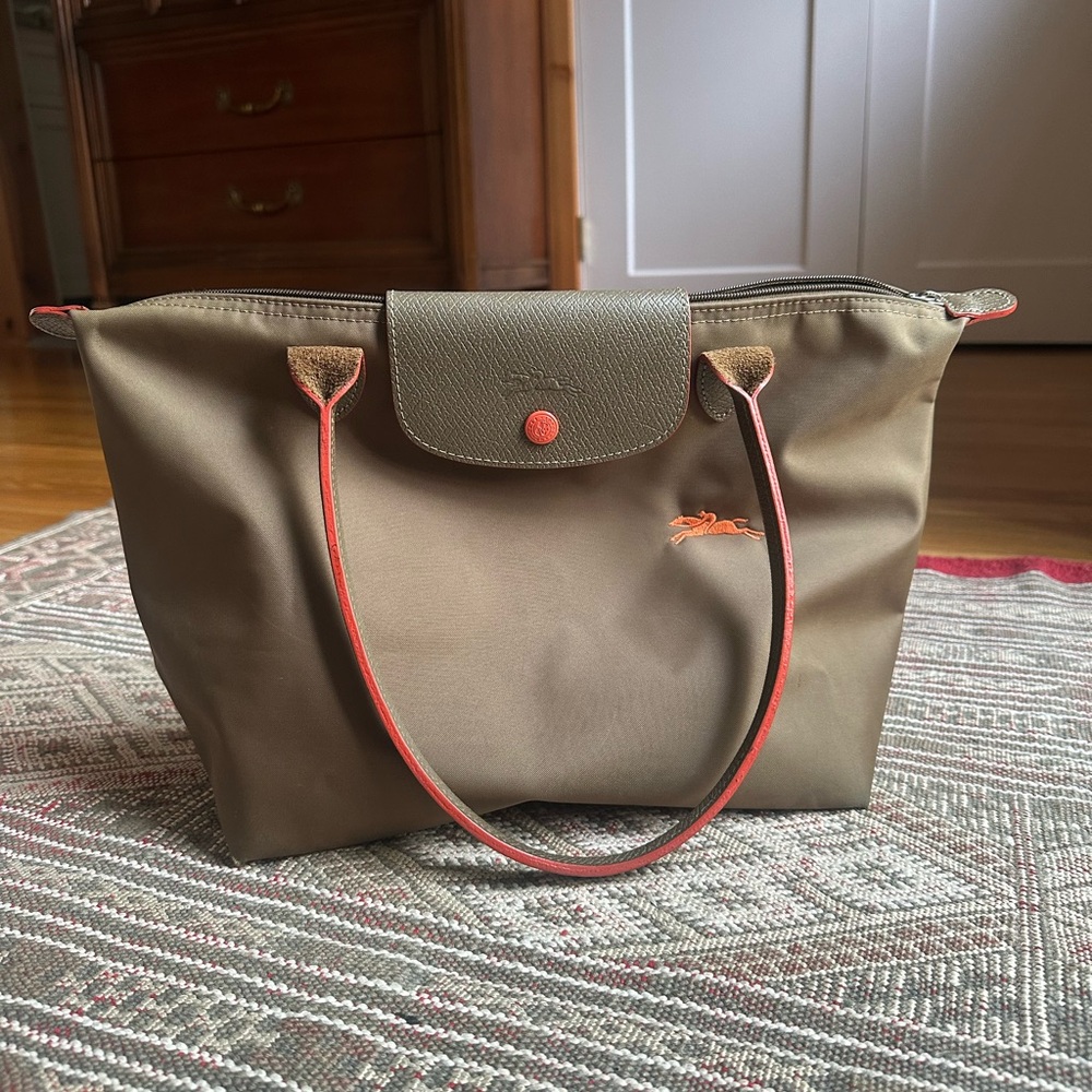 Longchamp Le Pliage Nylon and Leather Bag Army Green and Orange Medium